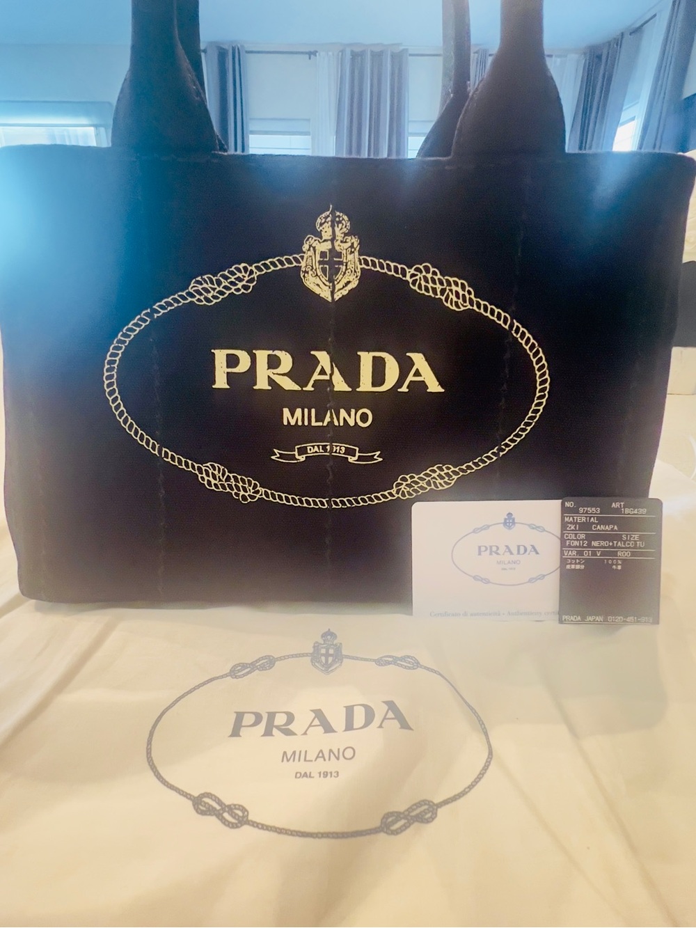 Prada Black Canvas Milano Tote with Gold Logo